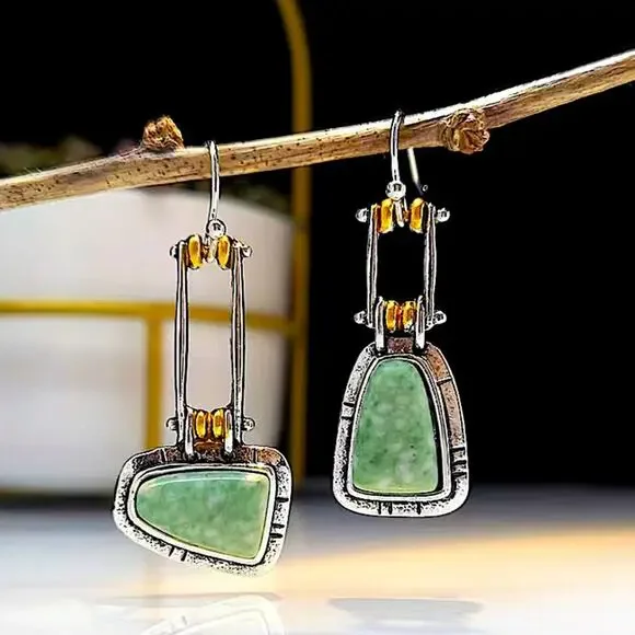 Vintage Silver Turquoise Asymmetrical Geometric Bohemian Boho Earrings - Picture 6 of 7